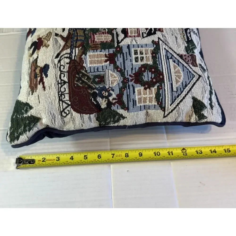 Christmas Scene Tapestry Throw Pillow Shops Holiday Town Winter Sleigh Snow